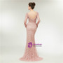 Pink Mermaid Long Sleeve Lace Pearls Backless Prom Dress