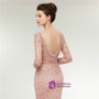 Pink Mermaid Long Sleeve Lace Pearls Backless Prom Dress