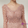Pink Mermaid Long Sleeve Lace Pearls Backless Prom Dress