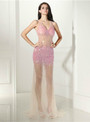 Pink Sexy Mermaid V-neck Backless Crystal Prom Dress