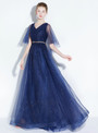 In Stock:Ship in 48 hours Blue Tulle Sequins V-neck Prom Dress