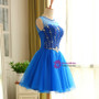 Blue Tulle Knee Length Backless Beading Homecoming Dress