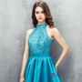 Blue Satin Halter Backless With Crystal Homecoming Dress