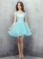 Light Blue Tulle Appliques Backless With Crystal Homecoming Dress