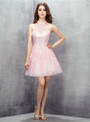 Pink Halter Backless Tulle Appliques Pearls Homecoming Dress