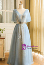 Plus Size Blue Tulle V-neck Backless With Sash Prom Dress