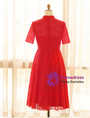Plus Size Red Lace Short Sleeve Tea Length Prom Dress