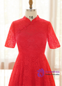Plus Size Red Lace Short Sleeve Tea Length Prom Dress