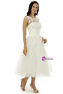White Tea Length Tulle Appliques Backless Wedding Dress