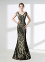 Gold Mermaid V-neck Cap Sleeve Sequins Prom Dress