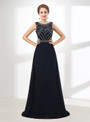 Blue Chiffon Scoop Neck Floor Length With Beading Prom Dress