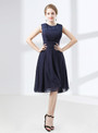 Short Blue Chiffon Knee Length Lace Bridesmaid Dress