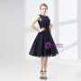 Short Blue Chiffon Knee Length Lace Bridesmaid Dress