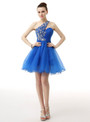 Blue One Shoulder Tulle Beading Pleats Homecoming Dress