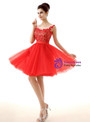 Red Tulle Lace Backless Knee Length Homecoming Dress