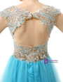 Blue Hi Lo Tulle Appliques Backless Cap Sleeve Homecoming Dress