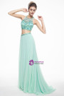 Green Two Piece Halter Chiffon Backless With Beading Prom Dress