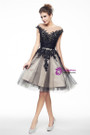 Black Tulle Lace Cap Sleeve Knee Length Homecoming Dress