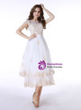 White Tulle Champagne Lace Tea Length Cap Sleeve Wedding Dress