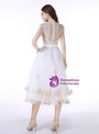 White Tulle Champagne Lace Tea Length Cap Sleeve Wedding Dress