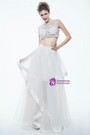 Sexy White Two Piece Tulle Beading See Through Prom Dress