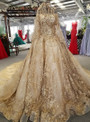 Gold Ball Gown Off The Shoulder Appliques Long Train Wedding Dress