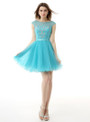 Blue Tulle Cap Sleeve Backless With Beading Homecoming Dress