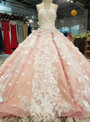 Pink Ball Gown Strapless Backless Appliques Flower Wedding Dress