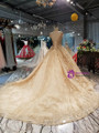 Gold Tulle High Neck Backless Appliques Beading Wedding Dress