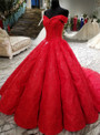 Red Ball Gown Off The Shoulder Lace Sequins Train Wedding Dress