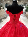 Red Ball Gown Off The Shoulder Lace Sequins Train Wedding Dress