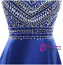 A-Line Blue Halter Satin Beading Prom Dress With Pocket
