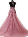 A-Line Pink Halter Sleeveless Backless Applique Tulle Prom Dress