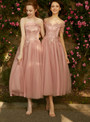 In Stock:Ship in 48 hour Pink Strapless Tulle Tea Length Bridesmaid Dress