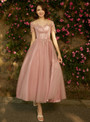 In Stock:Ship in 48 hours Pink Cap Sleeve Tea Length Bridesmaid Dress
