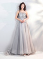In Stock:Ship in 48 hours Gray Tulle Backless Appliques Prom Dress