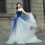 Blue White Tulle Strapless Backless Sleeveless Floor Length Wedding Dress