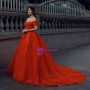 Red Ball Gown Tulle Off The Shoulder Appliques Short Sleeve Wedding Dress