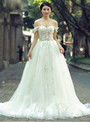 White Tulle Appliques Off The Shoulder Backless Wedding Dress