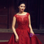 Burgundy Ball Gown Bateau Tulle Backless Appliques Wedding Dress