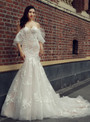 Champagne Mermaid Tulle Appliques Off The Shoulder Wedding Dress