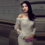 Champagne Mermaid Off The Shoulder Long Sleeve Wedding Dress