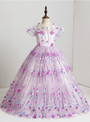 Purple Ball Gown Floor Length Tulle 3D Floral Flower Girl Dress