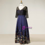 Plus Size Blue V-neck Print Satin Lace Short Sleeve Prom Dress
