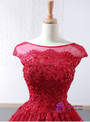 Ball Gown Burgundy Tulle Appliques Backless Wedding Dress