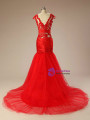 Red Mermaid Tulle Lace Cap Sleeve Backless Prom Dress