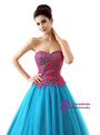 Blue Tulle Red Appliques Sweetheart neck Floor Length Quinceanera Dresses