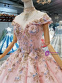 Pink Ball Gown Off The Shoulder Appliques Pearls Wedding Dress