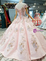 Pink Ball Gown Off The Shoulder Appliques Pearls Wedding Dress