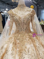 Champagne Ball Gown Long Sleeve Sequins Appliques Wedding Dress